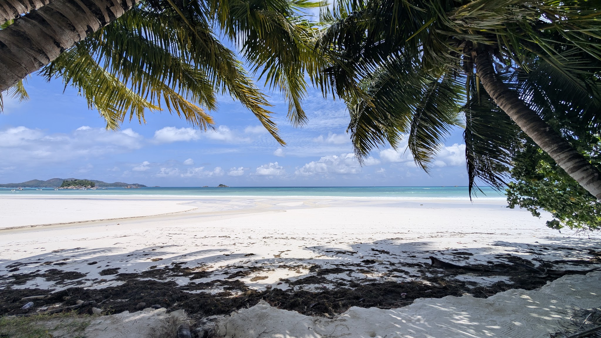Weiße Sandbucht mit türkisfarbenem Meer, Palmenblätter rahmen den Blick; kleine Inseln am fernen Horizont.