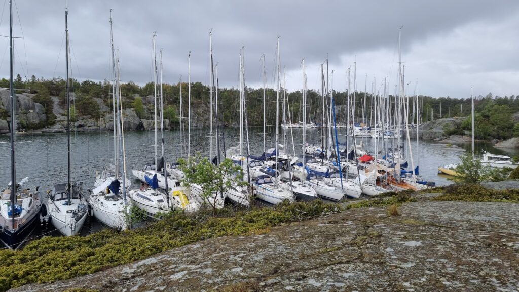 Dicht aneinanderliegende Segelboote in einer felsigen, bewaldeten Bucht unter grauem Himmel.