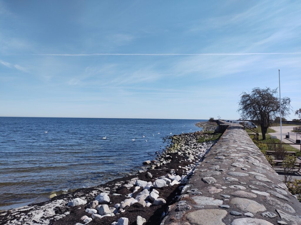 Steinmauer entlang felsiger Küste vor ruhigem blauen Meer; Schwäne schwimmen unter klarem Himmel.