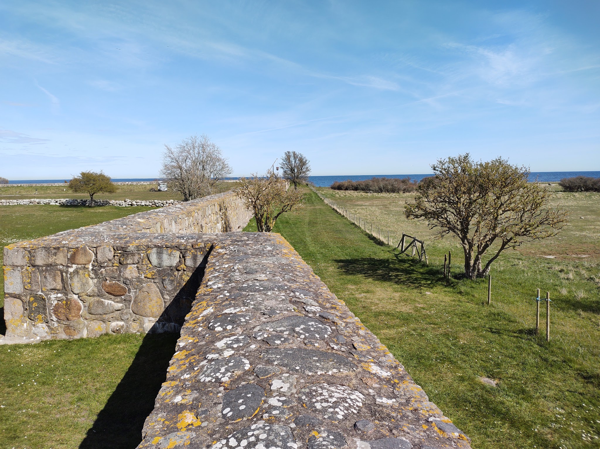 Alter Steinwall führt durch grünes Küstenfeld auf blaues Meer zu; vereinzelte Bäume und klarer Himmel.
