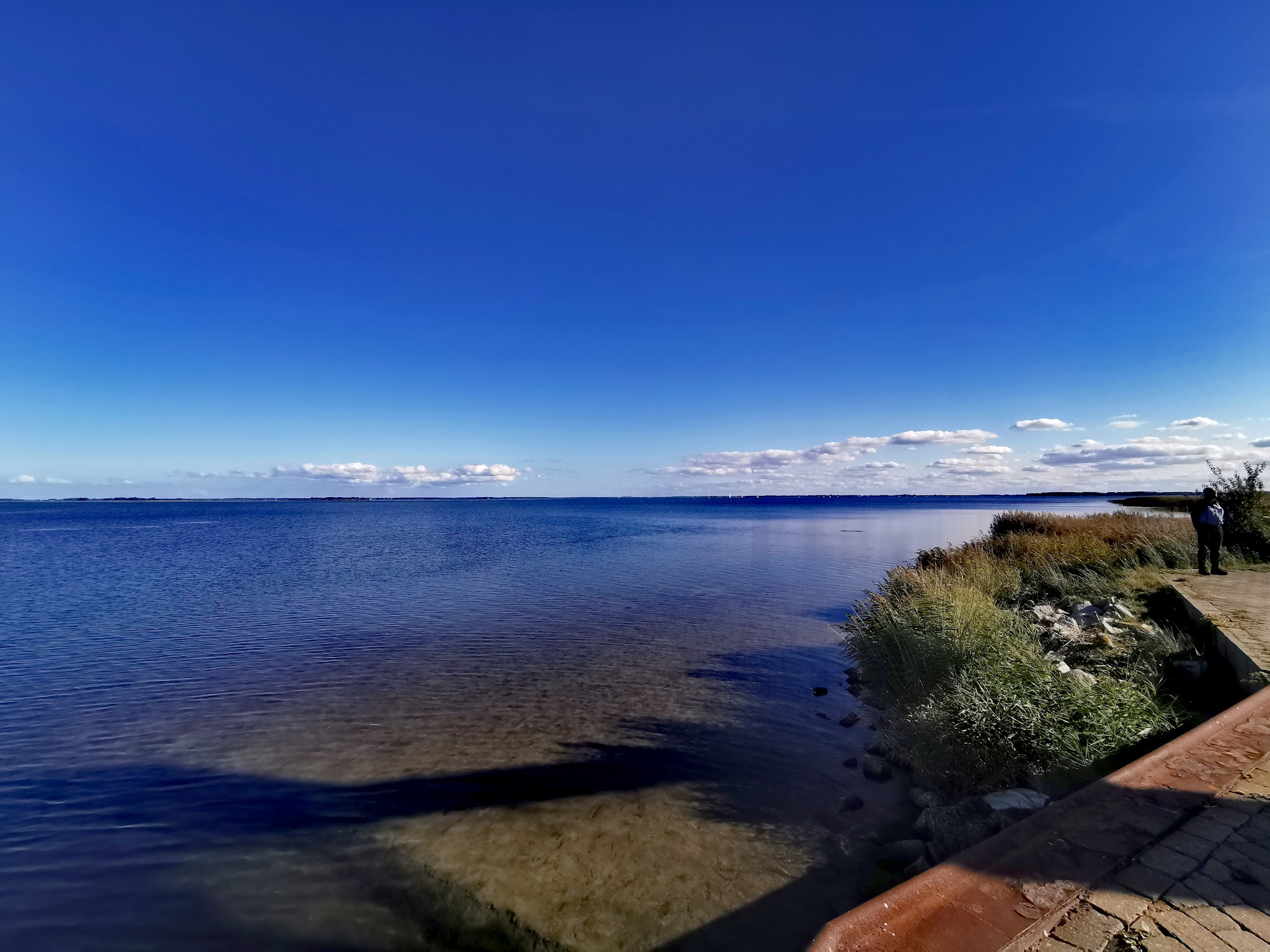 Weite, ruhige Küstenlandschaft: stilles Wasser unter blauem Himmel, eine Person auf Uferweg neben Schilf.