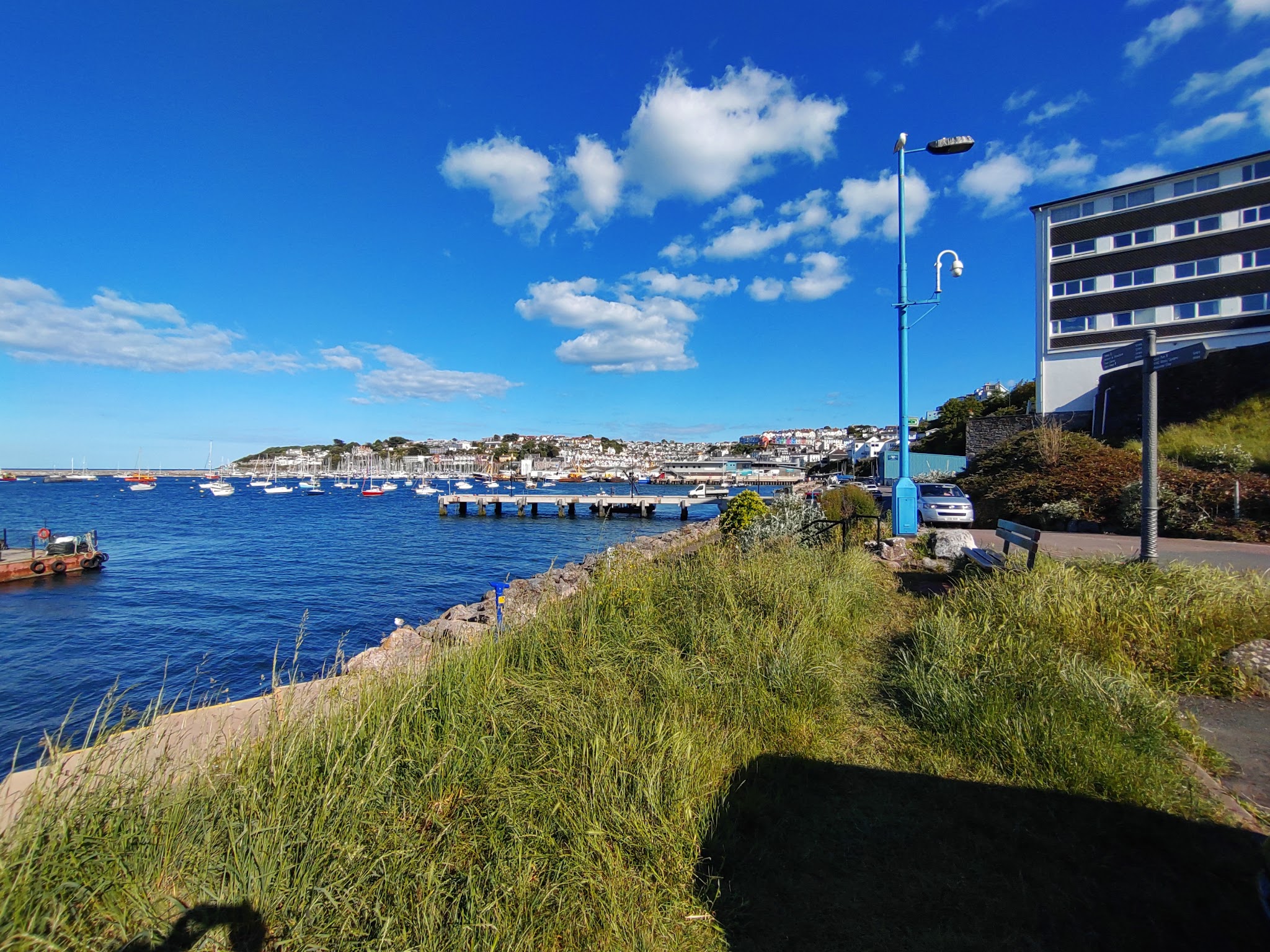 Grasbewachsener Uferweg mit Bank, blauer Lampe; dahinter Hafen mit Segelbooten auf tiefblauem Wasser unter klarem Himmel