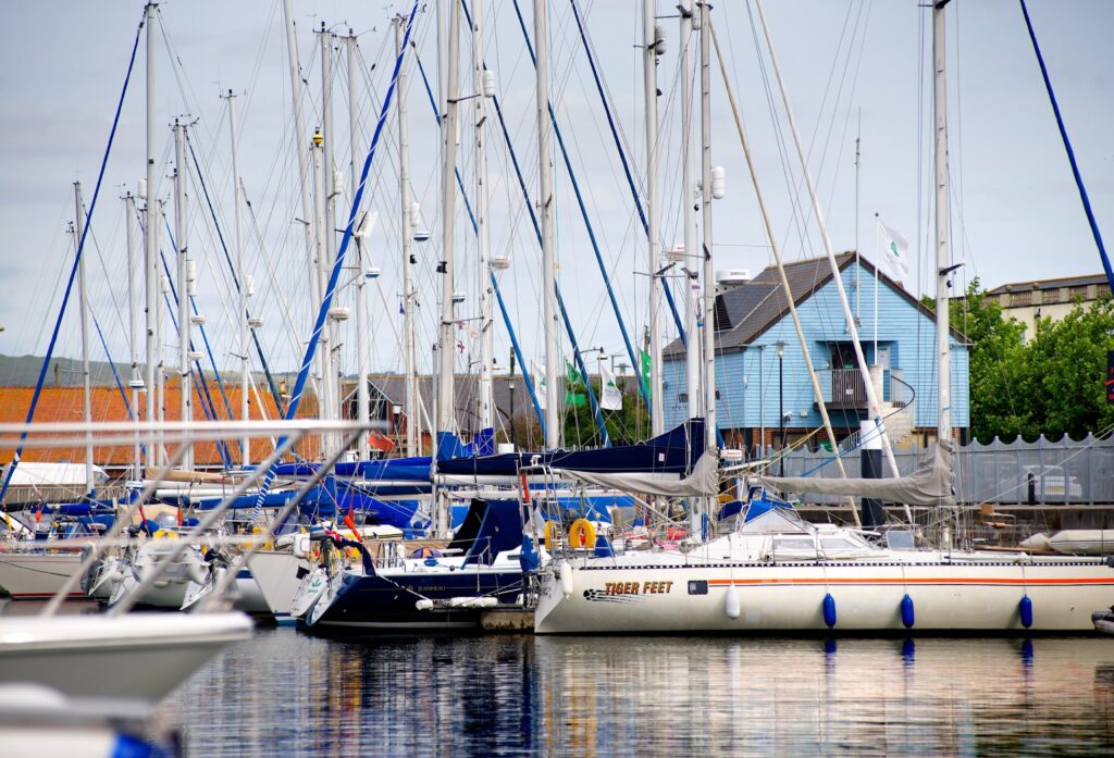 Mehrere Segelboote mit hohen Masten liegen dicht nebeneinander im Hafen, vor ruhigem Wasser und blauem Bootshaus.