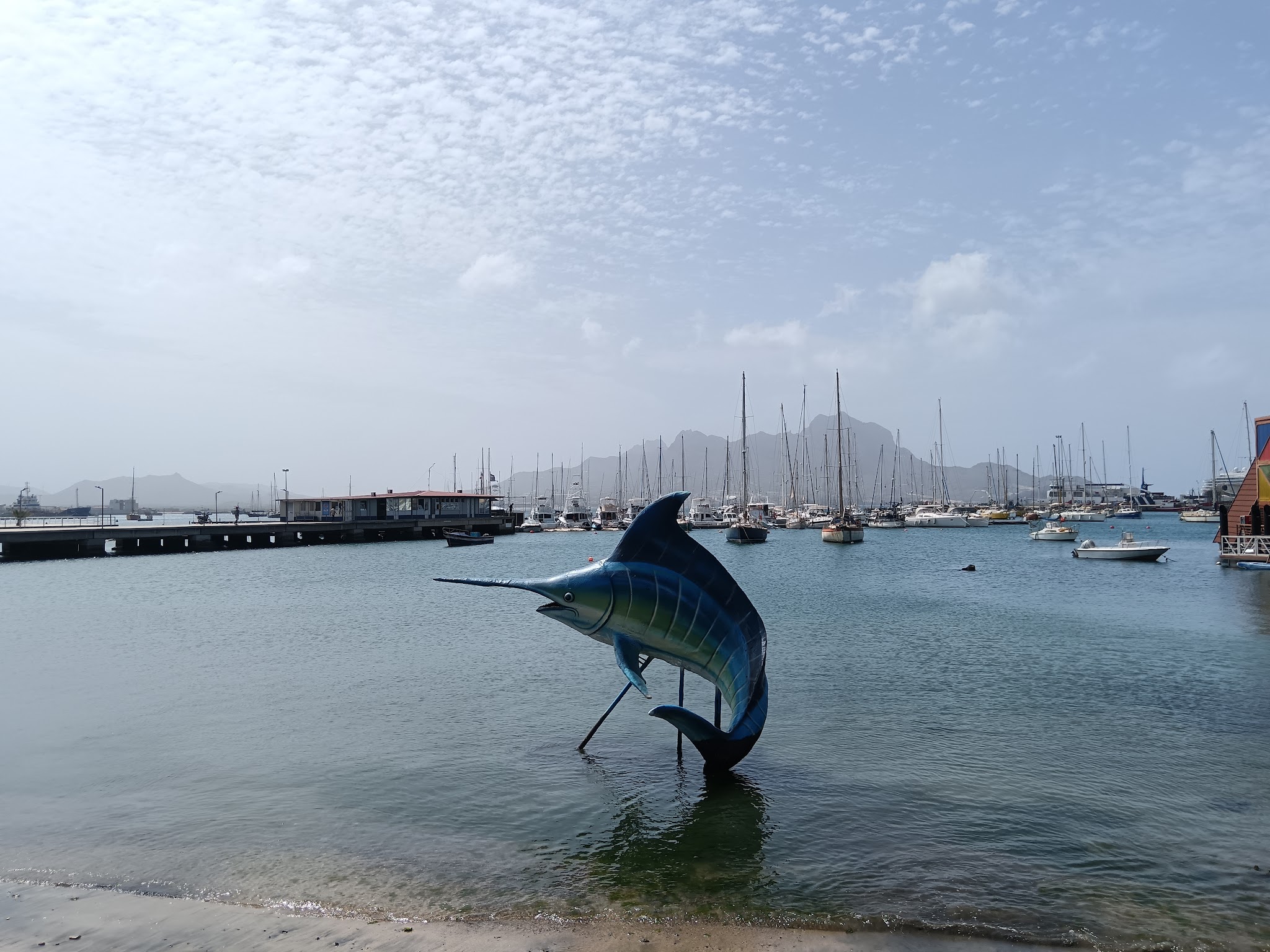 Farbig bemalte Marlin-Statue im seichten Wasser vor Yachthafen mit vielen Masten und bergiger Kulisse.