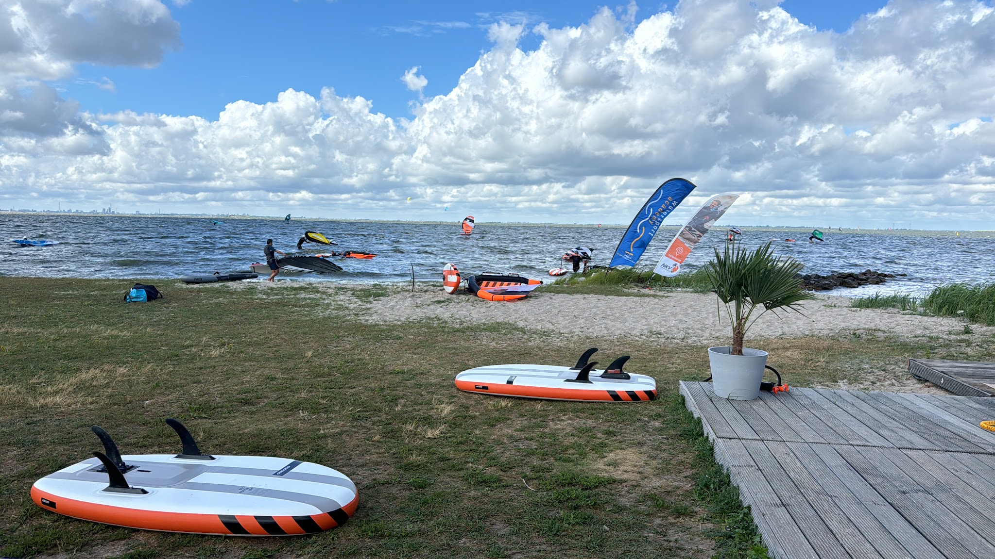 Windsurfer und Wingfoiler bereiten orange-weiße Foilboards am grasigen Strand vor, bunte Wings gleiten über die See.
