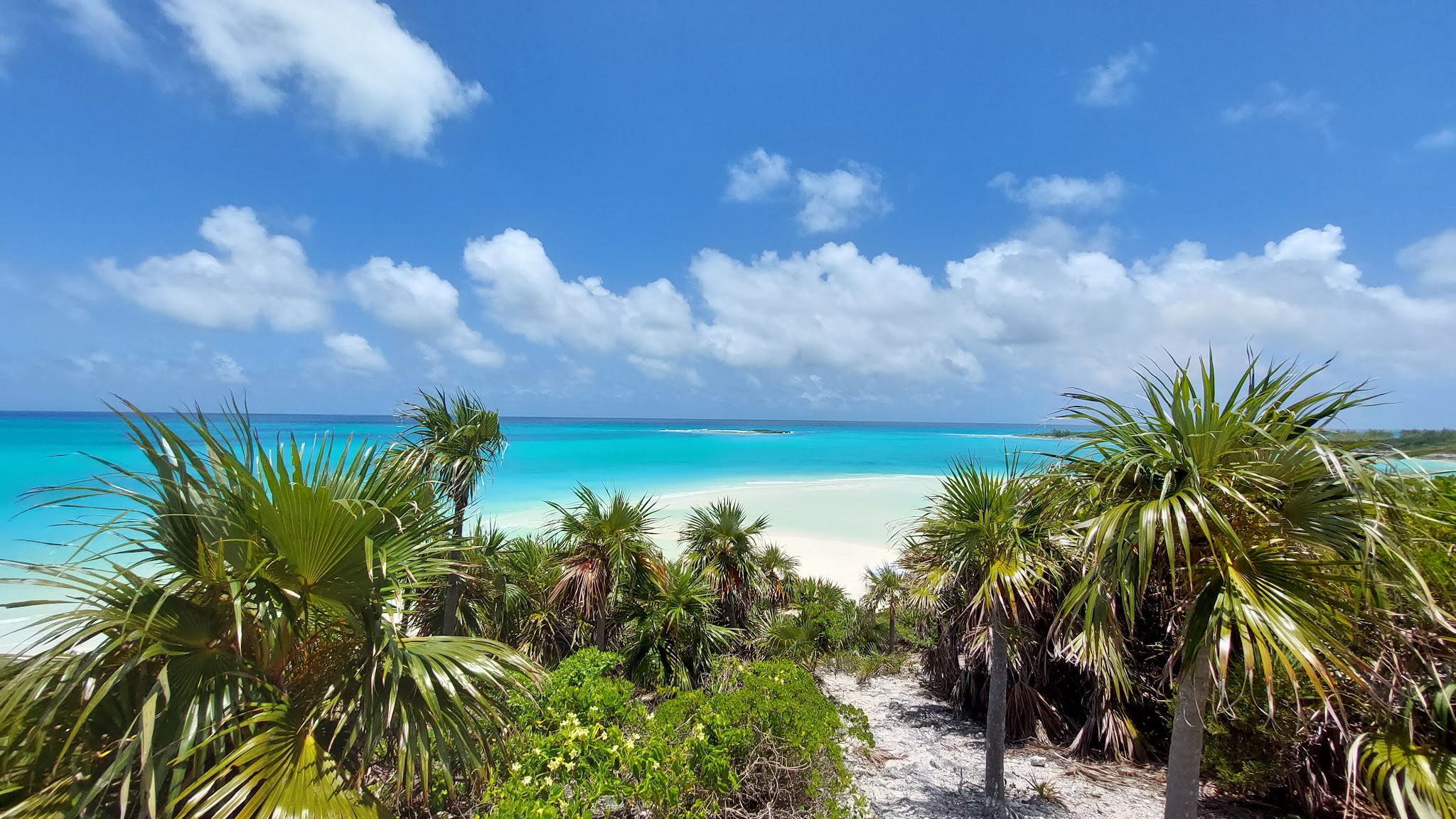Türkisblaues Meer, weißer Sandstrand und üppige Palmen unter strahlend blauem Himmel mit vereinzelten Wolken