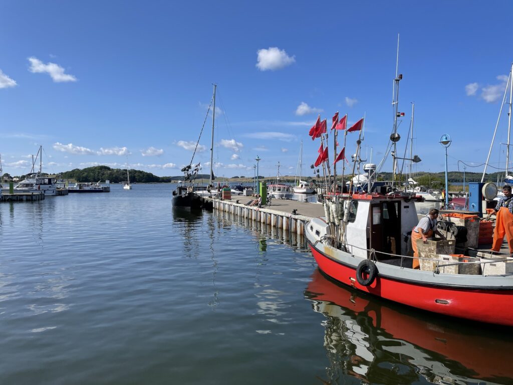 Kleiner Hafen; rotes Fischerboot mit Flaggen, Fischer in oranger Kleidung laden Kisten aus, ruhiges Wasser, klarer Himmel