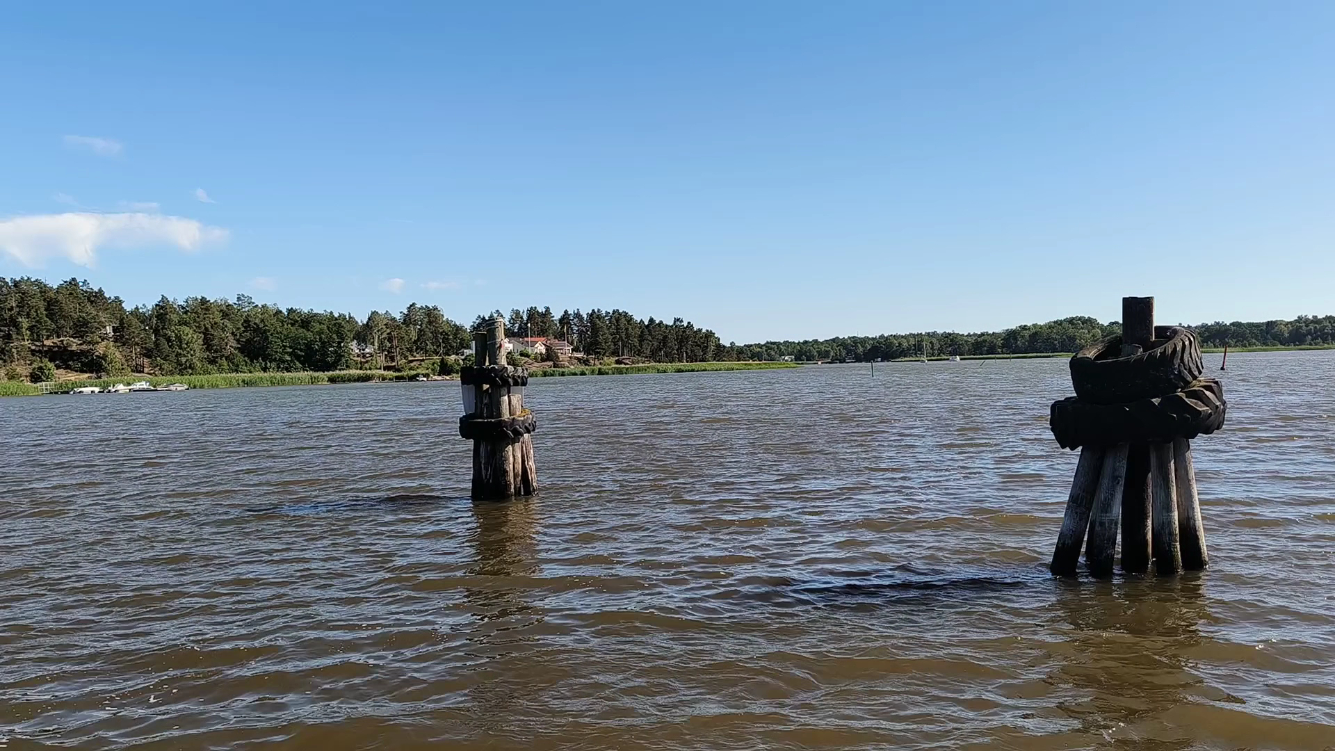 Zwei mit Reifen umringte Holzdalben ragen aus breitem Fluss; dahinter bewaldetes Ufer unter klarem, blauem Himmel.