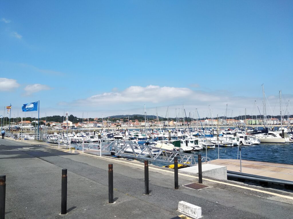 Sonniger Yachthafen mit dicht gereihten Segelbooten, blaue Flagge weht, Küstenstadt im Hintergrund.