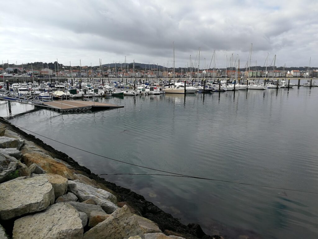 Ruhiger Yachthafen mit vielen vertäuten Segelbooten, Steg und Felsufer unter grauem Wolkenhimmel.