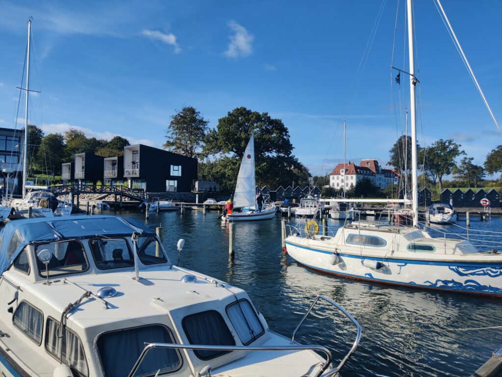 Kleine Marina mit vertäuten Segel- und Motorbooten, moderne schwarze Häuser und weißes Herrenhaus am Ufer unter blauem Himmel.