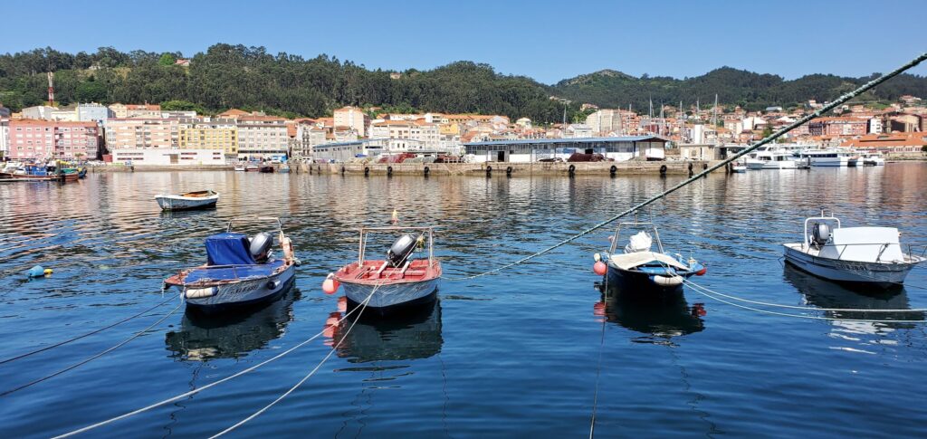 Vier kleine Boote vertäut im Hafenwasser; dahinter Küstenhäuser vor bewaldeten Hügeln unter blauem Himmel.