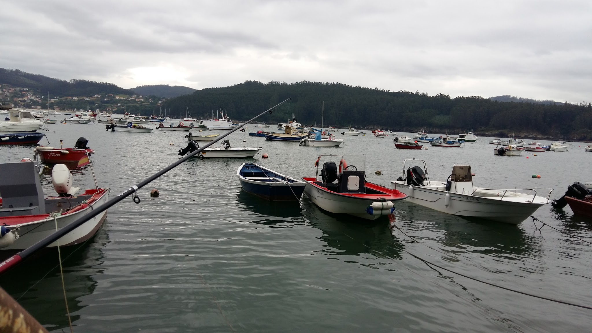 Mehrere kleine Motorboote liegen im ruhigen Hafen; Angelrute im Vordergrund, bewaldete Hügel unter grauem Himmel.
