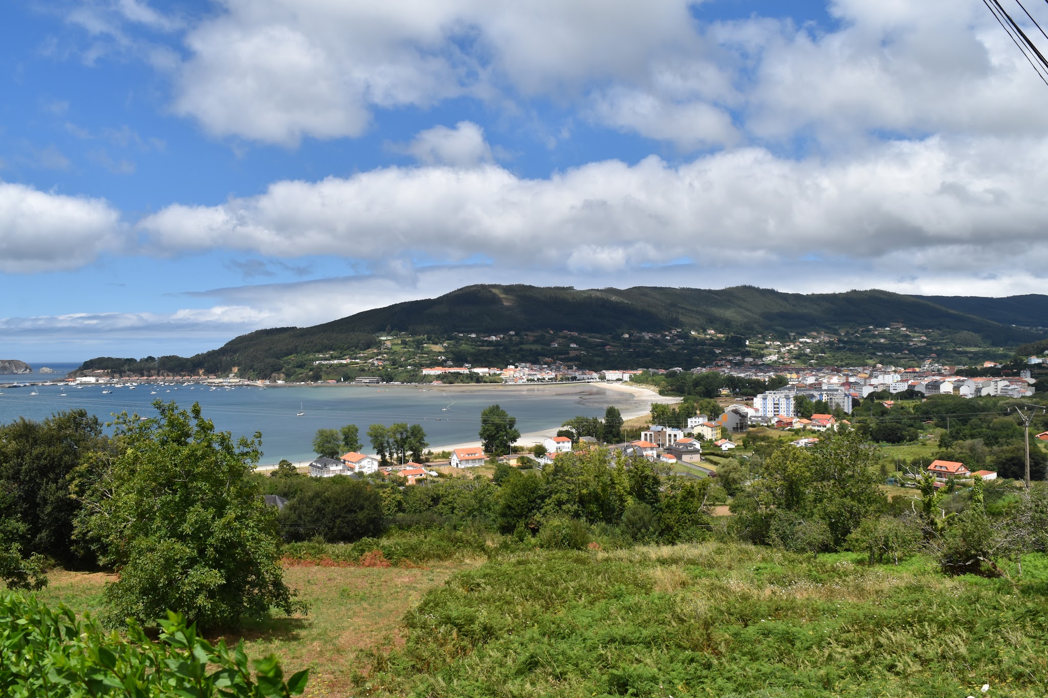 Küstenort an einer geschwungenen Bucht, rote Dächer zwischen Grün, dahinter bewaldete Hügel und leicht bewölkter Himmel