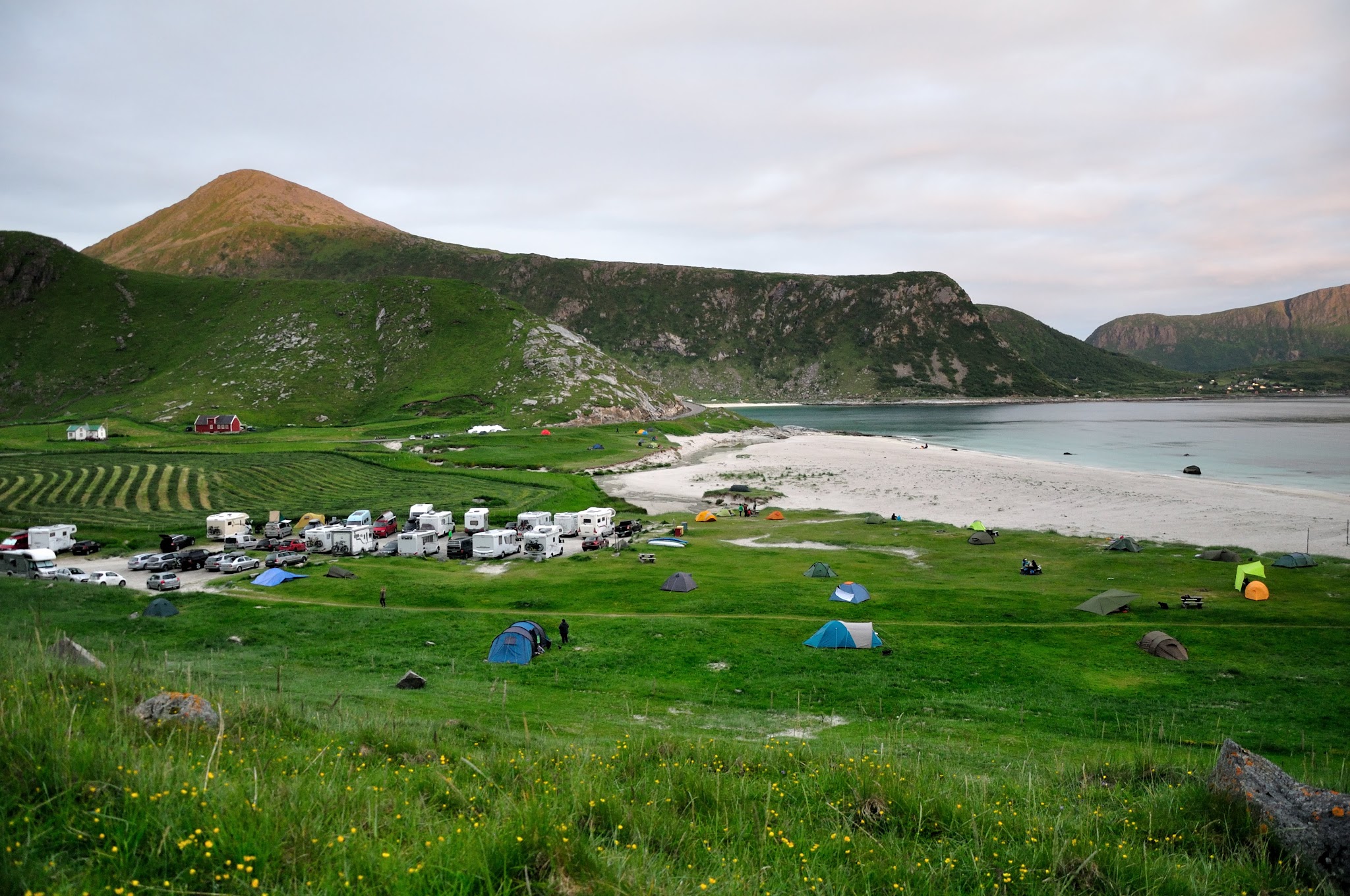 Grüne Küstenwiese mit verstreuten Zelten, Wohnmobilgruppe am Strand; dahinter ruhige Bucht und grasbewachsener Berg