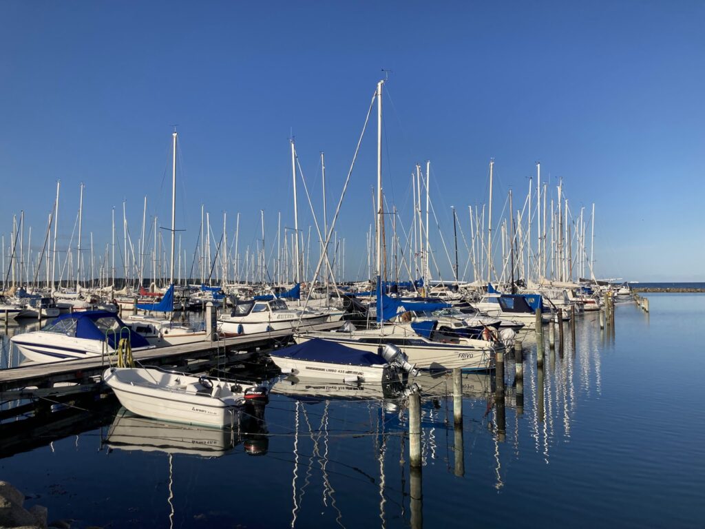 Ruhiger Jachthafen: Reihen weißer Segelboote mit hohen Masten spiegeln sich im klaren Wasser unter wolkenlosem Himmel