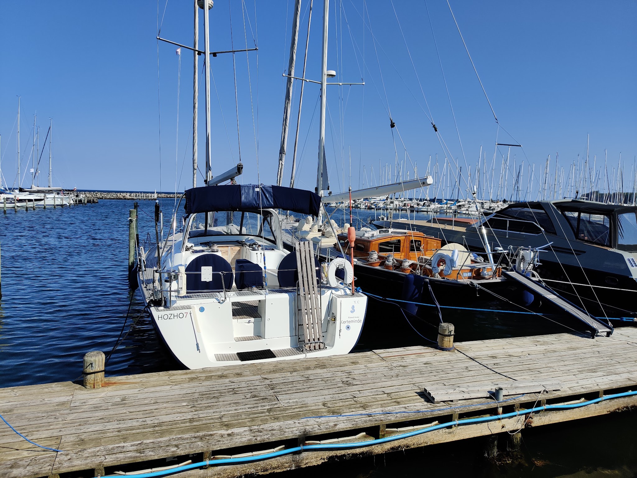 Zwei Segelboote liegen am Holzsteg im sonnigen Yachthafen, Masten reihen sich vor blauem Himmel.