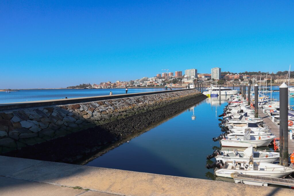 Kleiner Yachthafen mit weißen Motorbooten am Steg; Steinmole führt aufs Meer, dahinter Küstenstadt bei blauem Himmel.