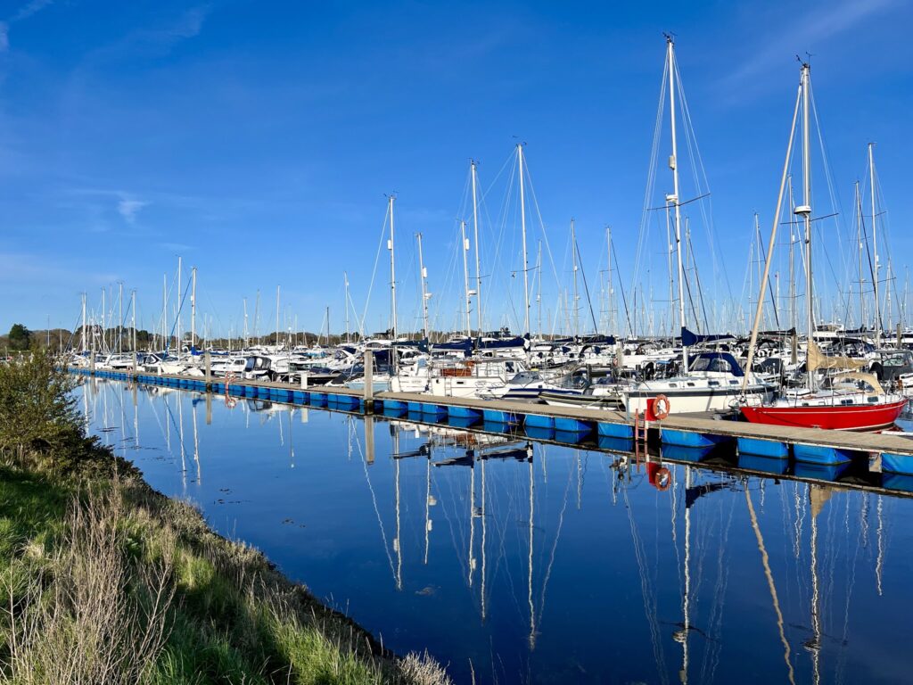 Yachthafen mit weißen Segelbootreihen; stilles Wasser spiegelt Masten, rotes Boot setzt Akzent.