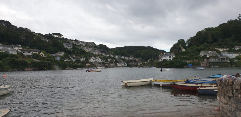 Kleine Boote liegen am ruhigen Wasser vor einem bewaldeten Hang mit dicht gedrängten Häusern unter grauem Himmel.