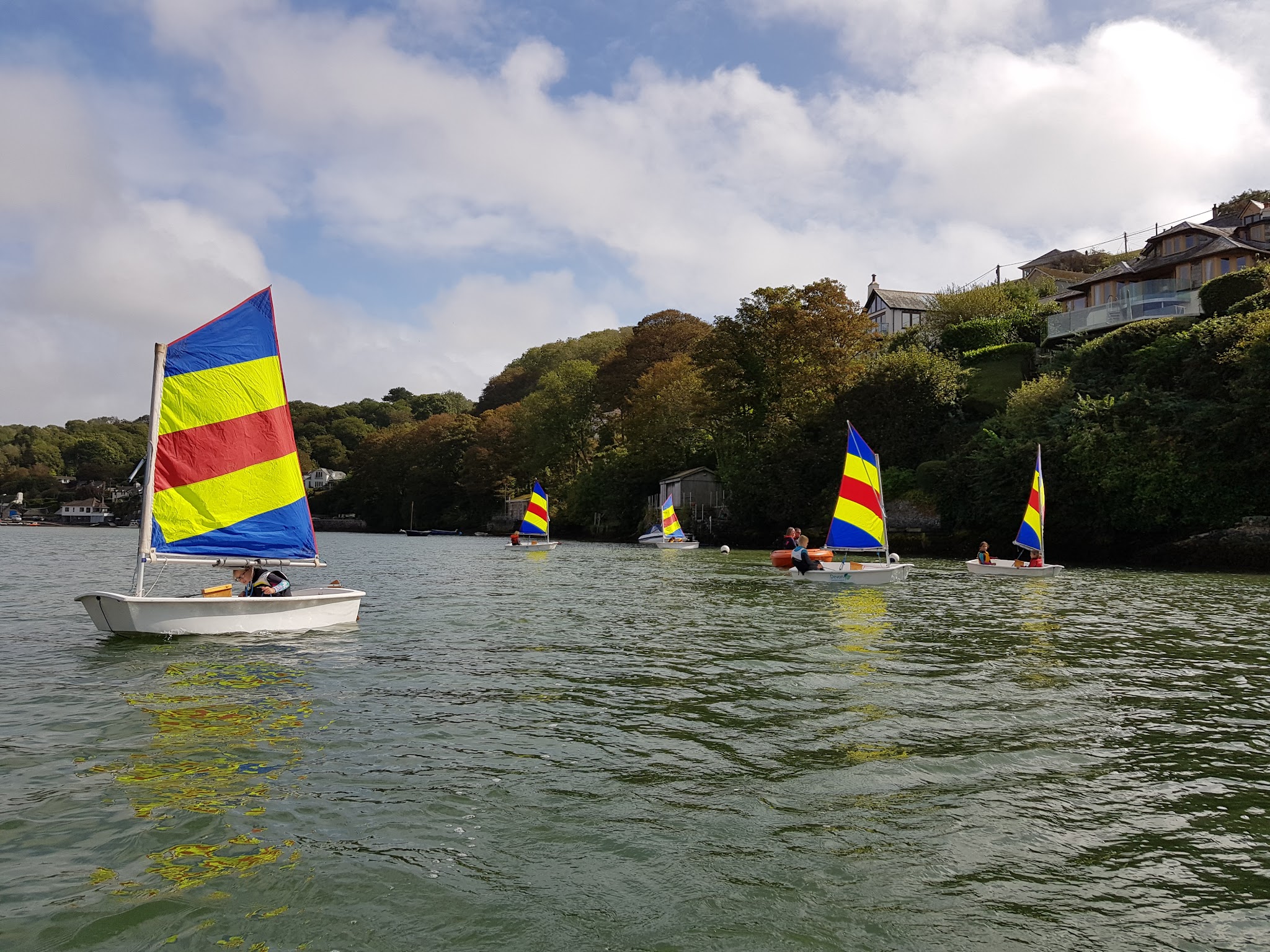 Mehrere kleine Segelboote mit blau-gelb-roten Streifensegeln kreuzen auf ruhigem Gewässer vor bewaldetem Ufer.