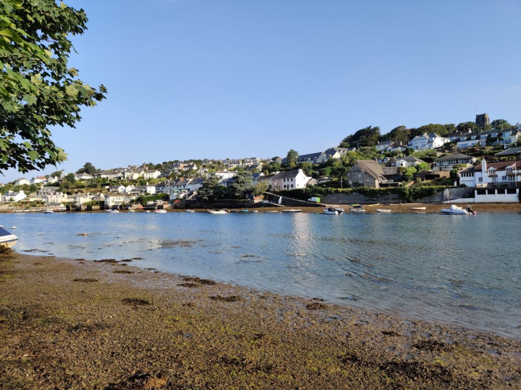 Küstenort mit bunten Hanghäusern, Boote auf ruhigem Wasser bei Ebbe, Laubzweig links im Vordergrund