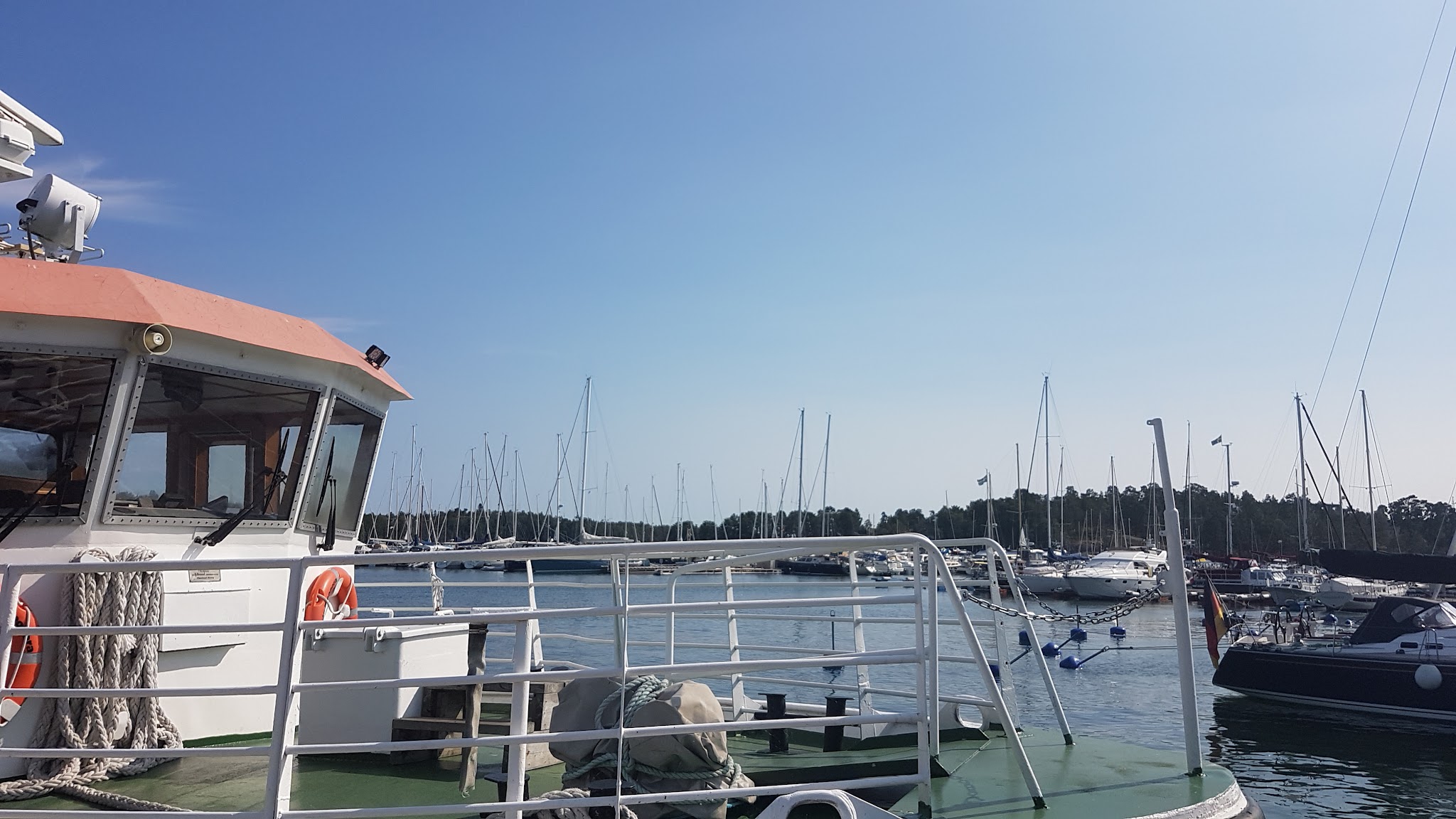 Vorderdeck einer Fähre im sonnigen Yachthafen; Mastspitzen zahlreicher Segelboote vor Waldhintergrund.