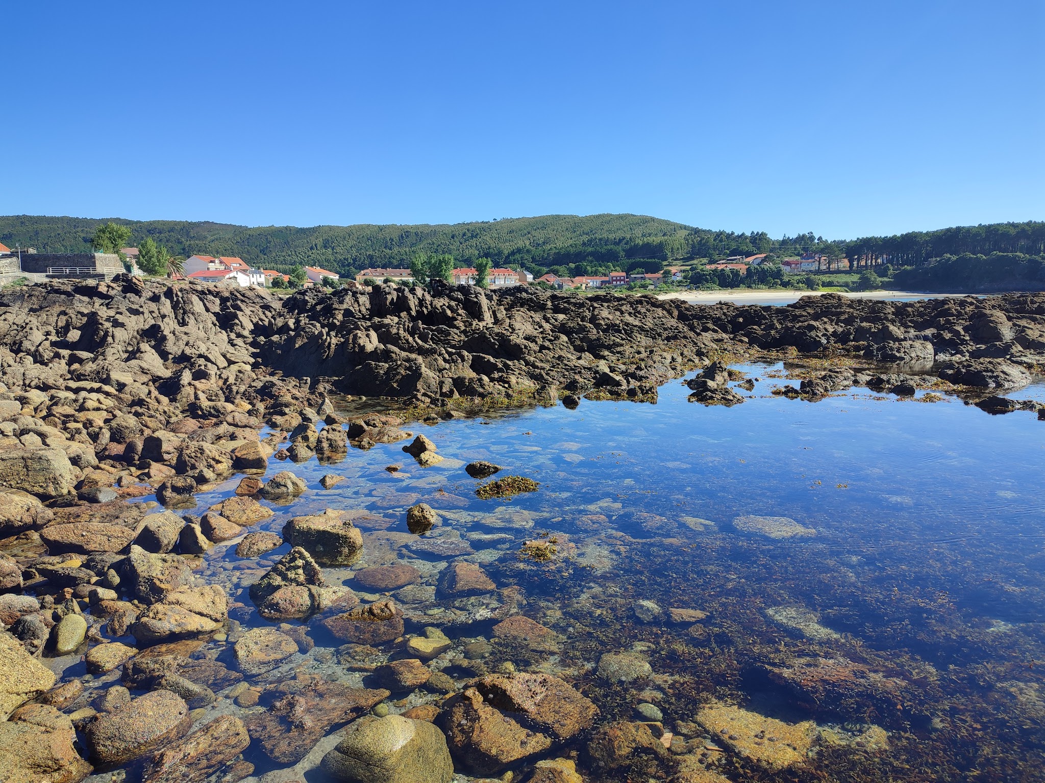 Steinige Gezeitenbecken mit klarem Wasser, dahinter Küstendorf mit roten Dächern und bewaldeter Hügel unter blauem Himmel