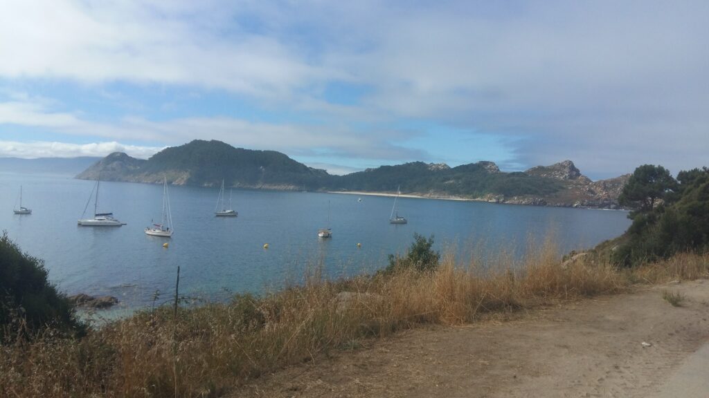 Ruhige Bucht mit sechs vor Anker liegenden Segelbooten, umgeben von bewaldeten Hügeln und trockenem Gras am Ufer.