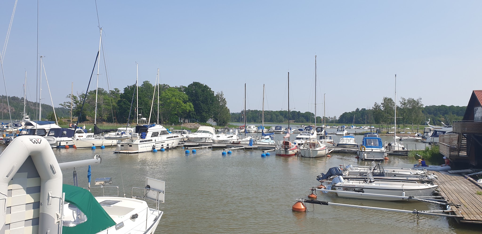 Sonniger Jachthafen mit zahlreichen Segel- und Motorbooten an Stegen; ruhiges Wasser, grüner Uferbewuchs im Hintergrund.