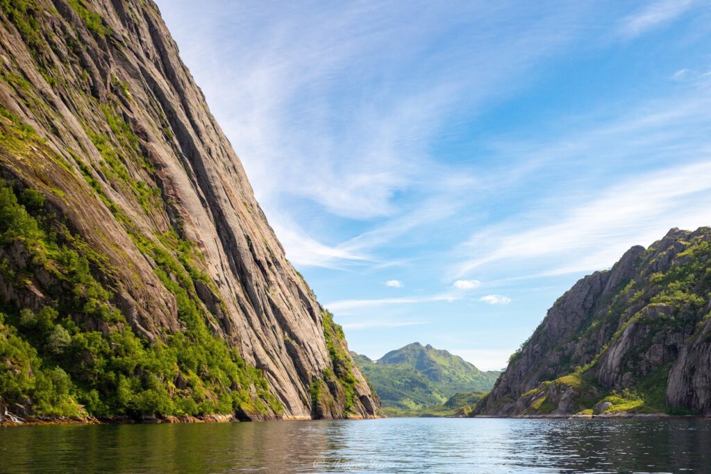 Steile, bewaldete Felswände flankieren einen ruhigen Fjord unter blauem Himmel mit leichten Schleierwolken.