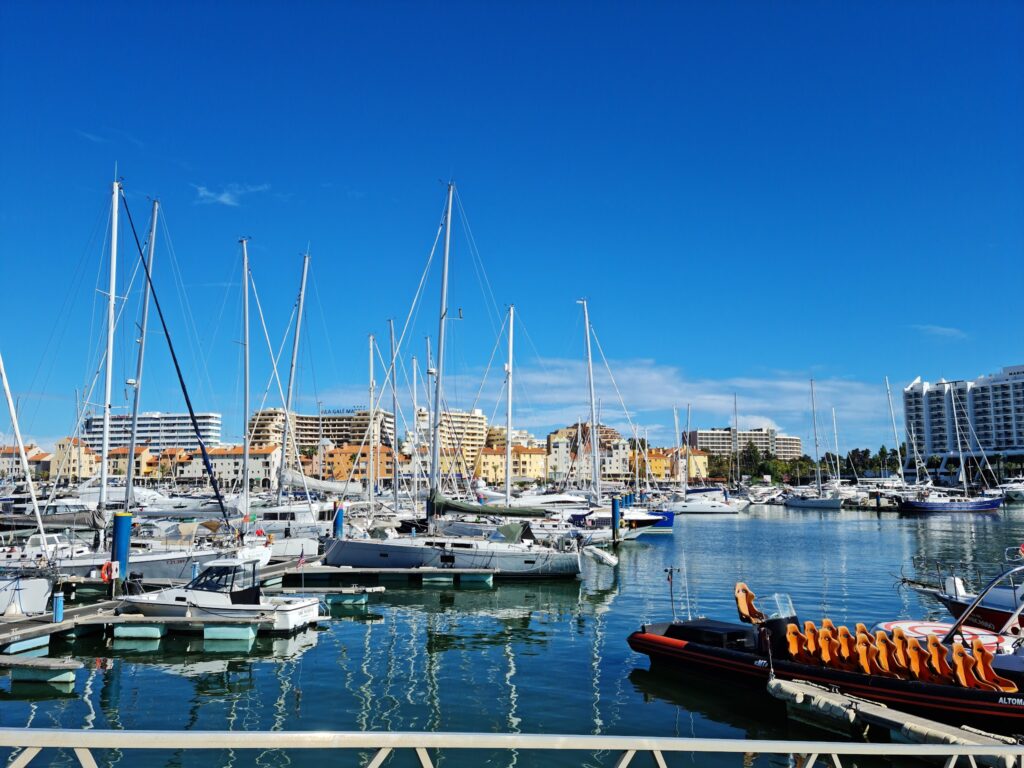 Marina mit zahlreichen Segelbooten vor modernen Ufergebäuden unter wolkenlosem, tiefblauem Himmel