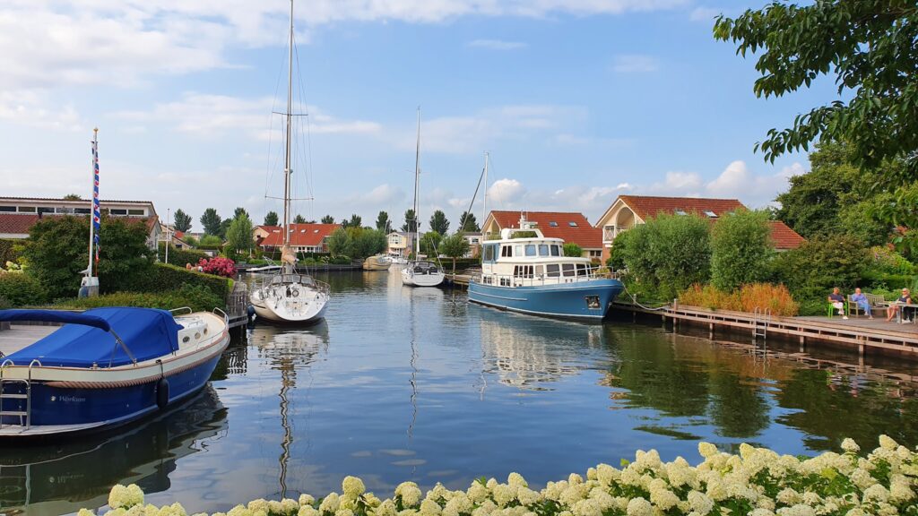Ruhiger Kanal mit Segel- und Motorbooten, rote Häuser dahinter; weiße Hortensien vorn, blauer Himmel.