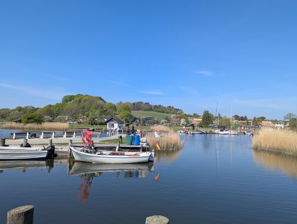 Kleiner Hafen mit Segel- und Fischerbooten, Schilf am Ufer, grüner Hügel und Häuser unter blauem Himmel