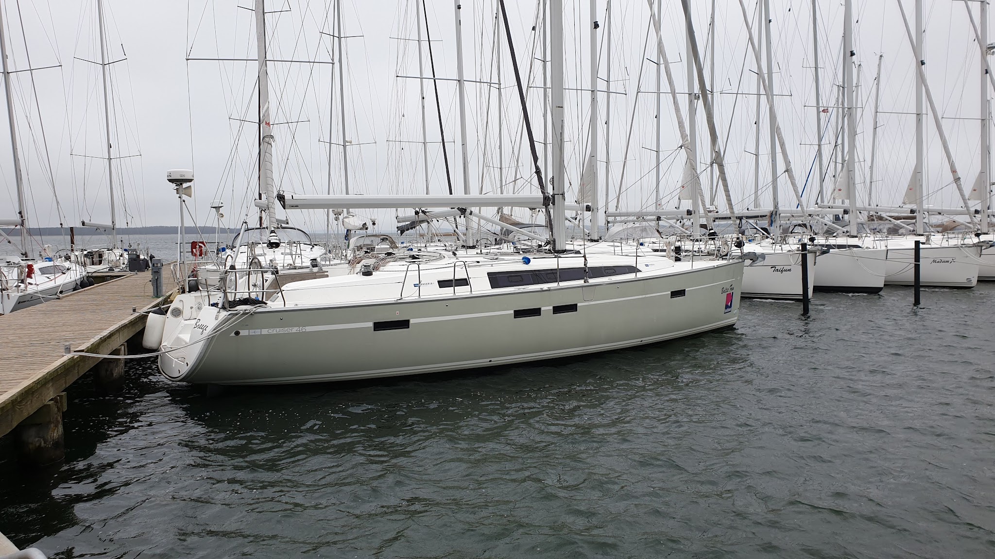 Segelyacht längsseits am Holzsteg, umgeben von vielen weiteren Masten im Hafen, grauer Himmel, ruhiges Wasser.