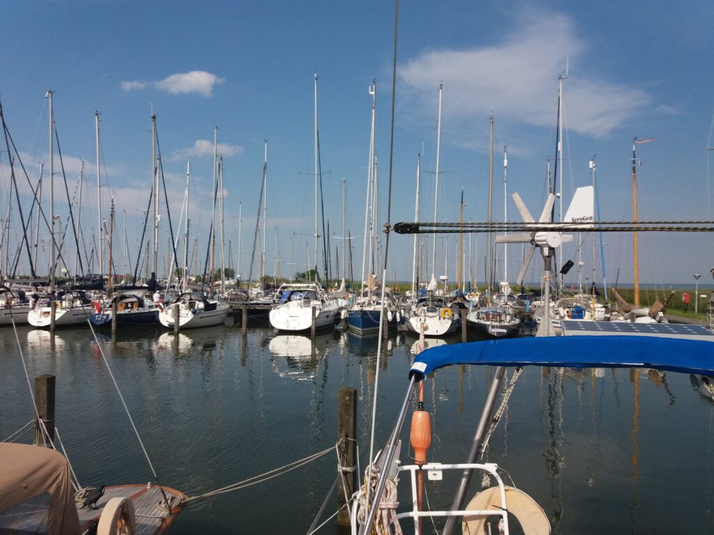 Segelyachthafen mit dicht aneinandergereihten Booten und hohen Masten, ruhiges Wasser, blauer Himmel.
