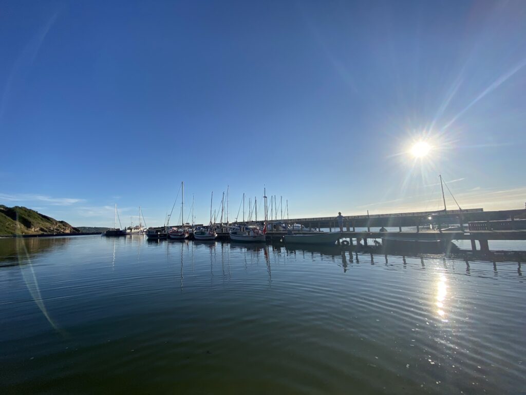 Mehrere Segelboote liegen an einem Steg im ruhigen Hafen, tief stehende Sonne spiegelt sich im Wasser.