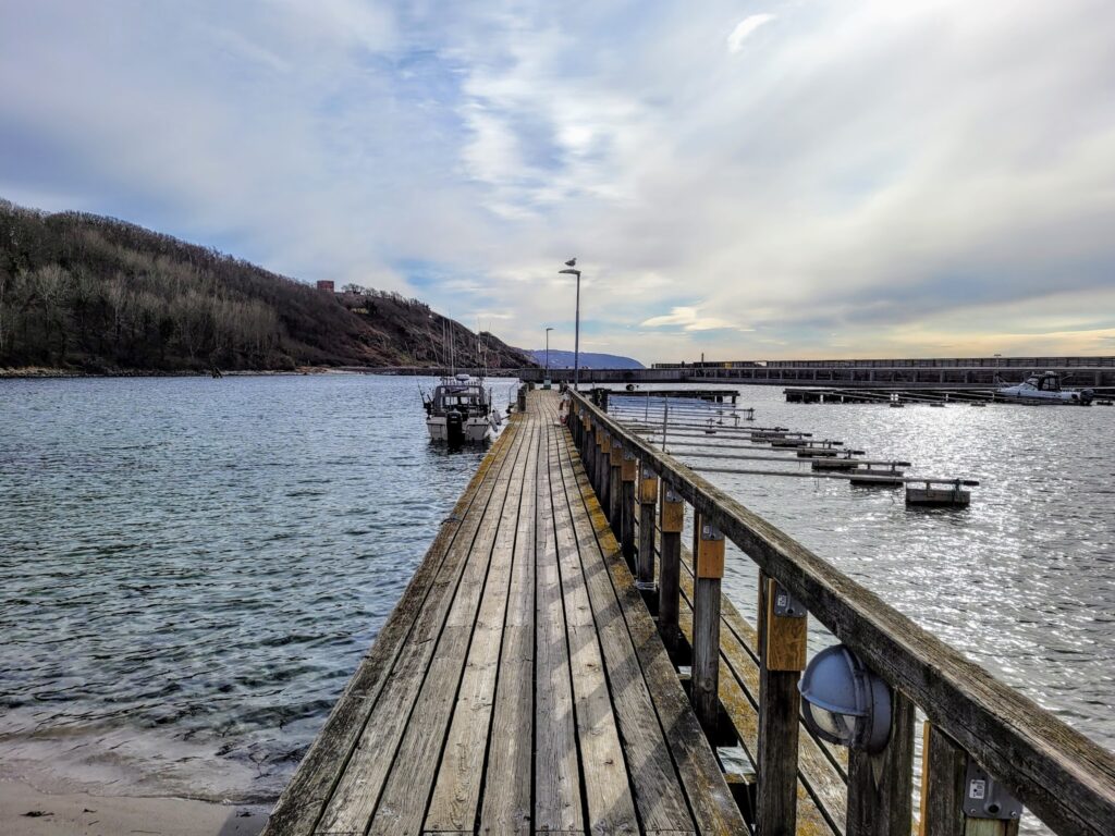 Langer Holzsteg führt zwischen bewaldetem Ufer und leeren Bootsplätzen aufs Wasser unter bewölktem Himmel.