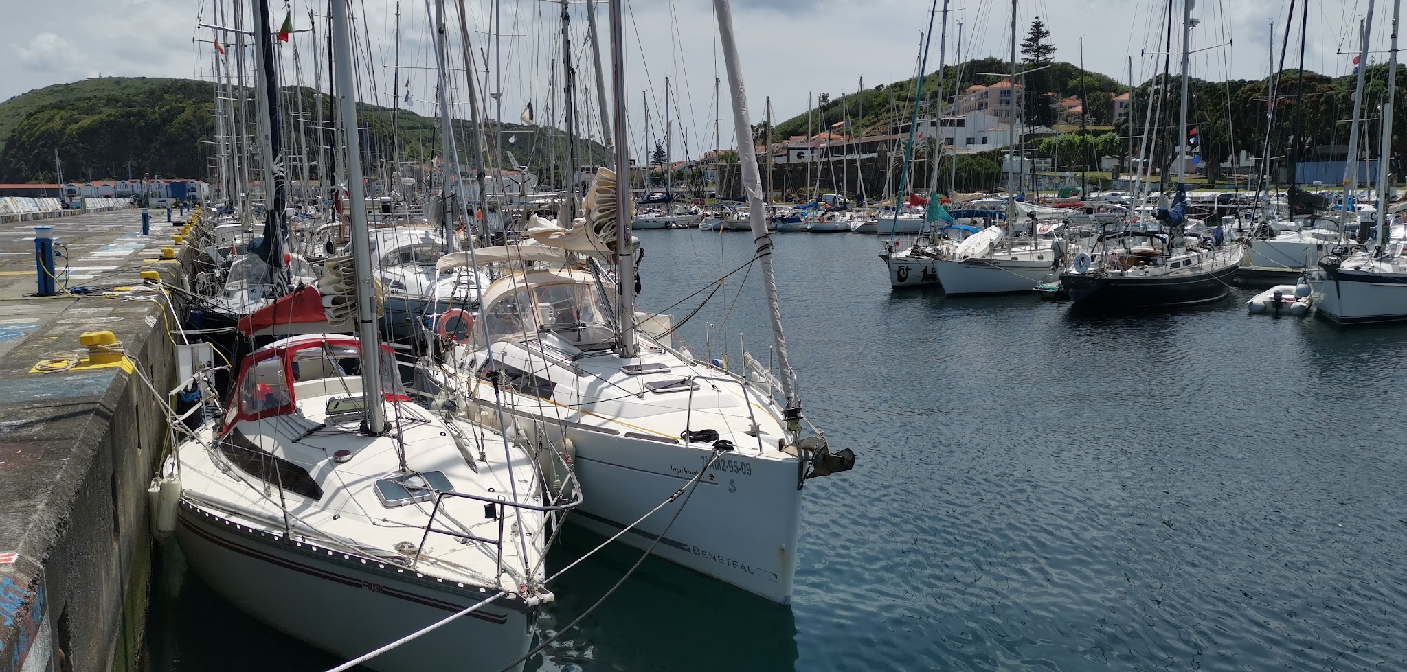 Dicht aneinandergereihte Segelboote liegen an einem ruhigen Hafenbecken; grüne Hügel und Häuser im Hintergrund.