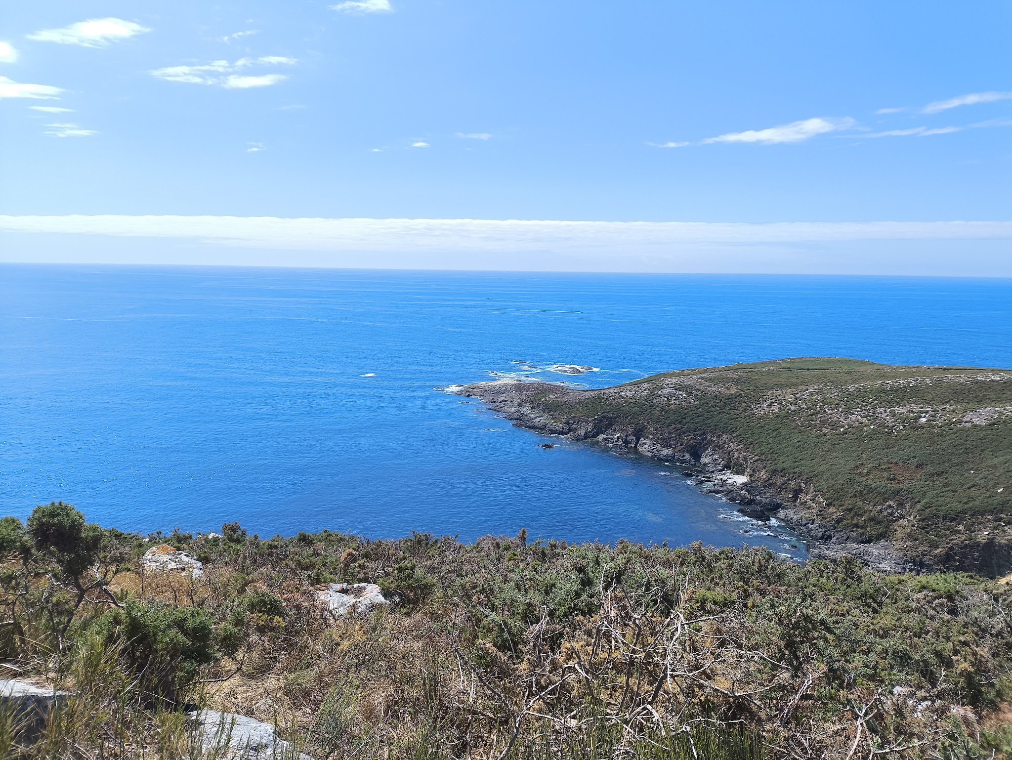 Weitblick über blaues Meer, felsige mit grünem Buschwerk bewachsene Landzunge ragt ins Wasser unter klarem Himmel