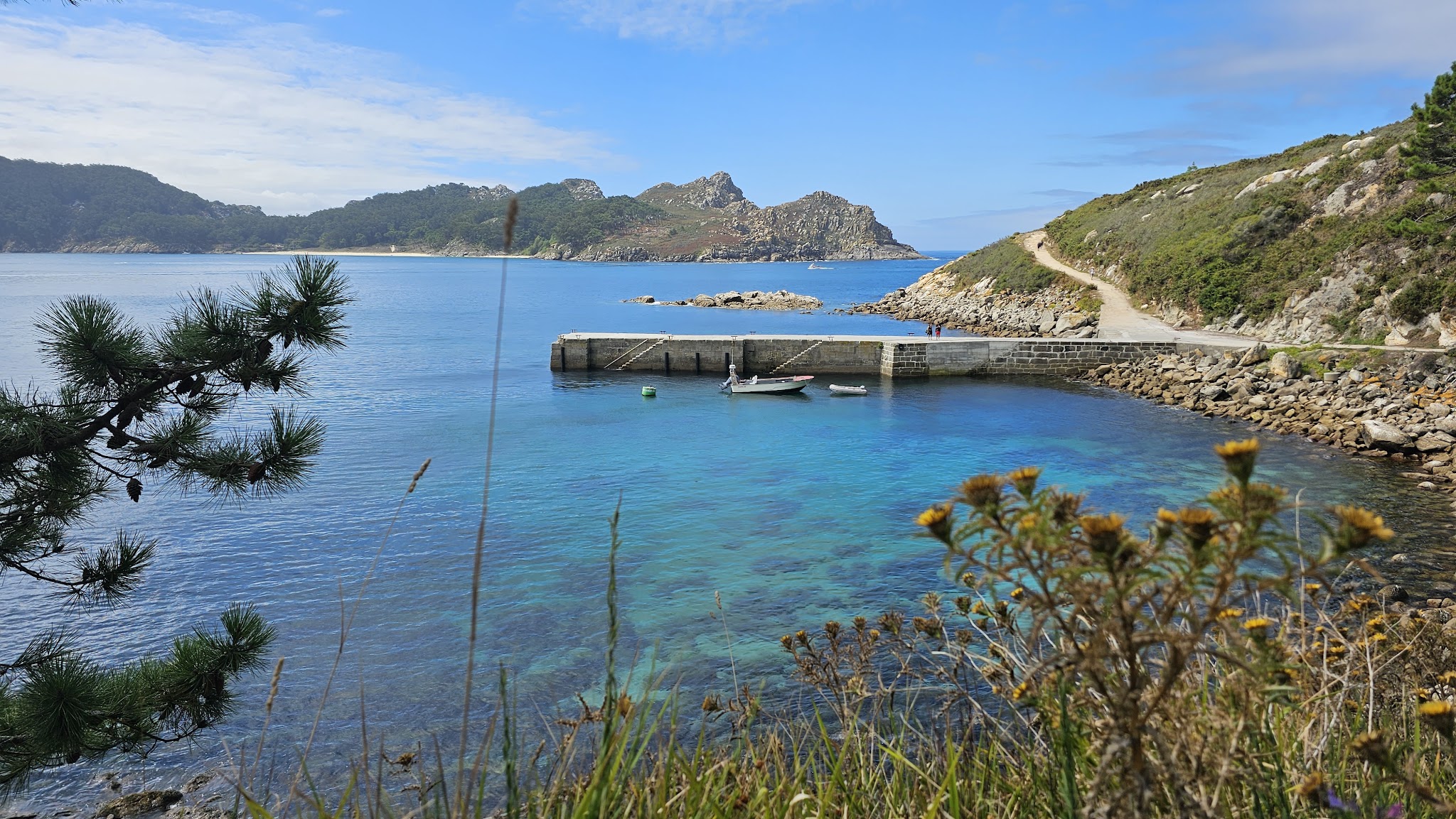 Kleine Steinmole mit Boot in türkisfarbener Bucht, umgeben von Felsen, Kiefern und gelben Wildblumen