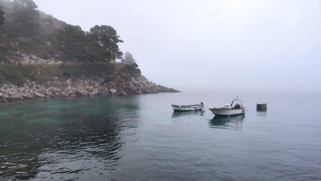 Drei kleine Boote liegen vertäut auf ruhigem, nebligem Küstenwasser vor felsigem Ufer mit Kiefern.