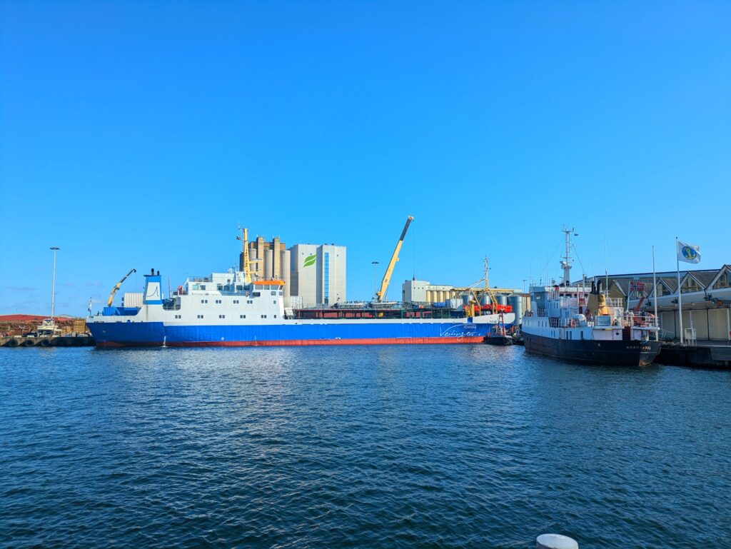 Große blau-weiße Fähre und kleineres Schiff liegen am Industriehafen vor Silos, Kran und klarem Himmel.