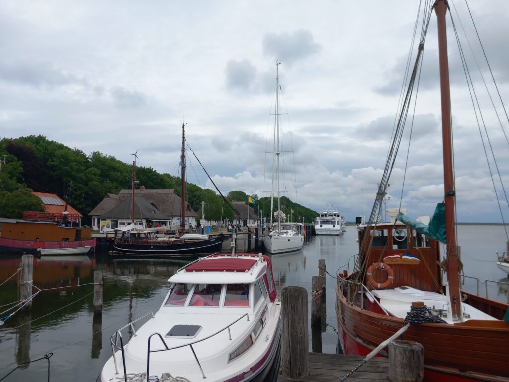 Kleiner Hafen mit mehreren Segel- und Motorbooten an Holzstegen unter bewölktem Himmel.