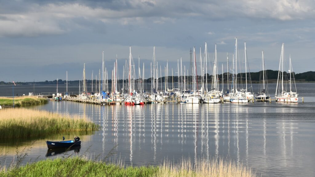 Jachthafen mit Dutzenden Segelbooten; Masten spiegeln sich im ruhigen Wasser, kleines Ruderboot vor Schilf im Vordergrund