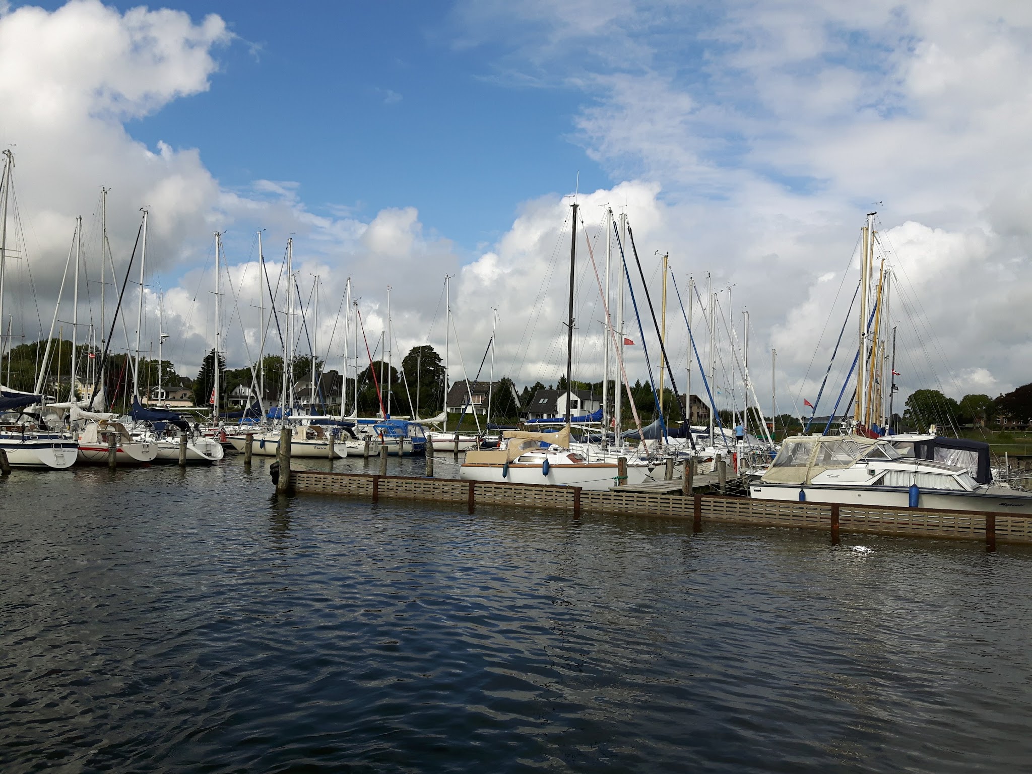 Yachthafen mit zahlreichen festgemachten Segelbooten, hohen Masten und ruhigem Wasser unter teils wolkigem Himmel.