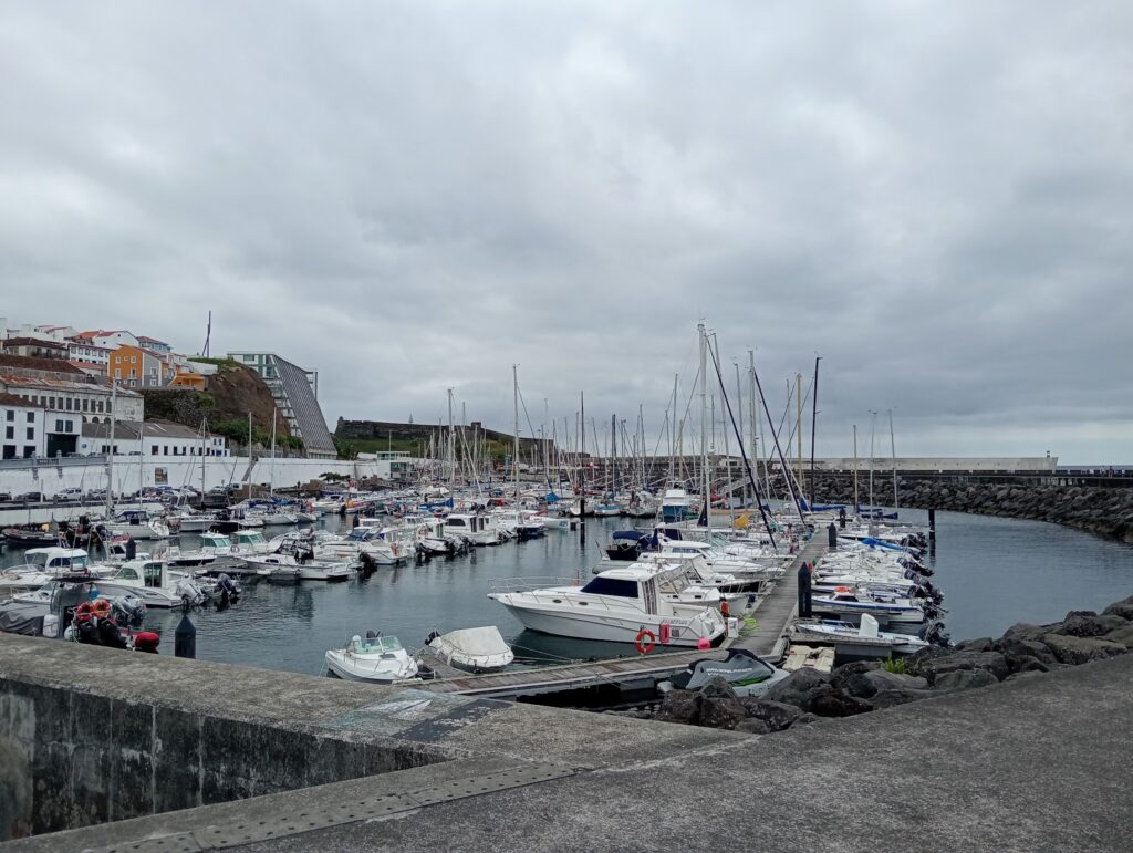 Kleiner Yachthafen mit dicht liegenden Segel- und Motorbooten, bunte Häuser am Hang, grauer Wolkenhimmel.