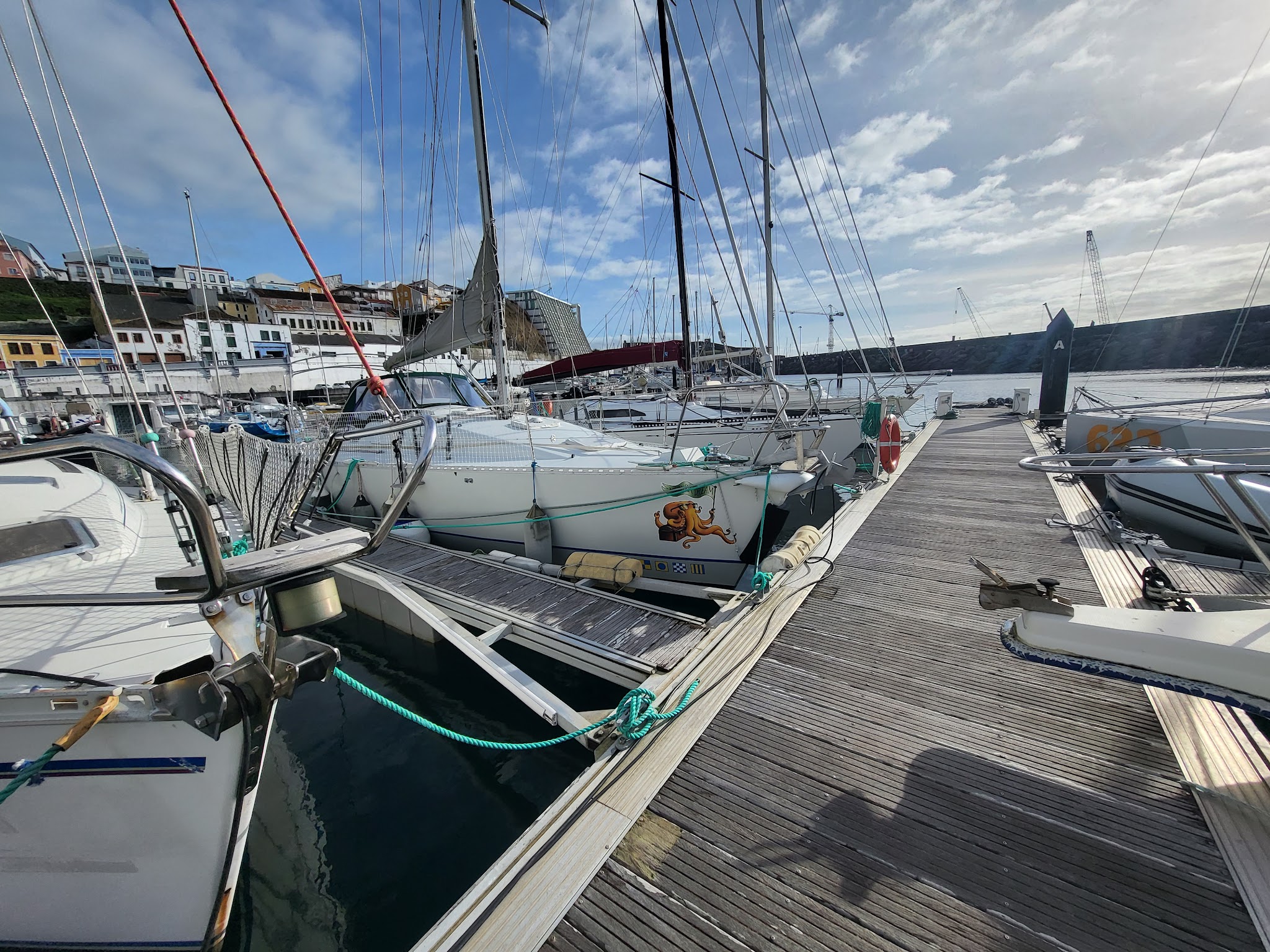 Segelboote an einem Holzsteg im Hafen; dahinter bunte Hanghäuser und blauer Himmel mit lockeren Wolken