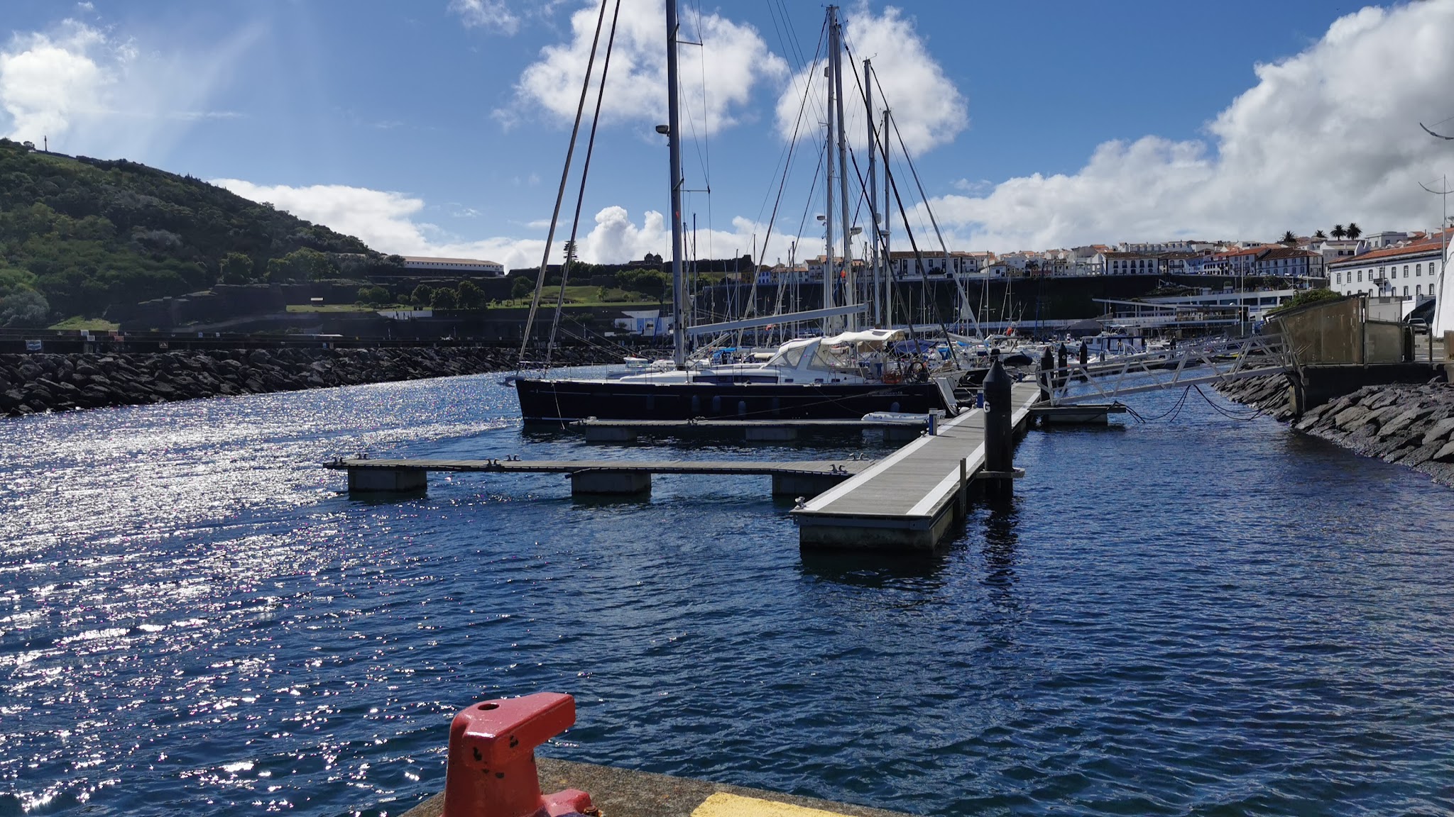 Sonniger Jachthafen: Segelboote an Stegen im glitzernden Wasser, dahinter grüner Hügel und weiße Küstenhäuser
