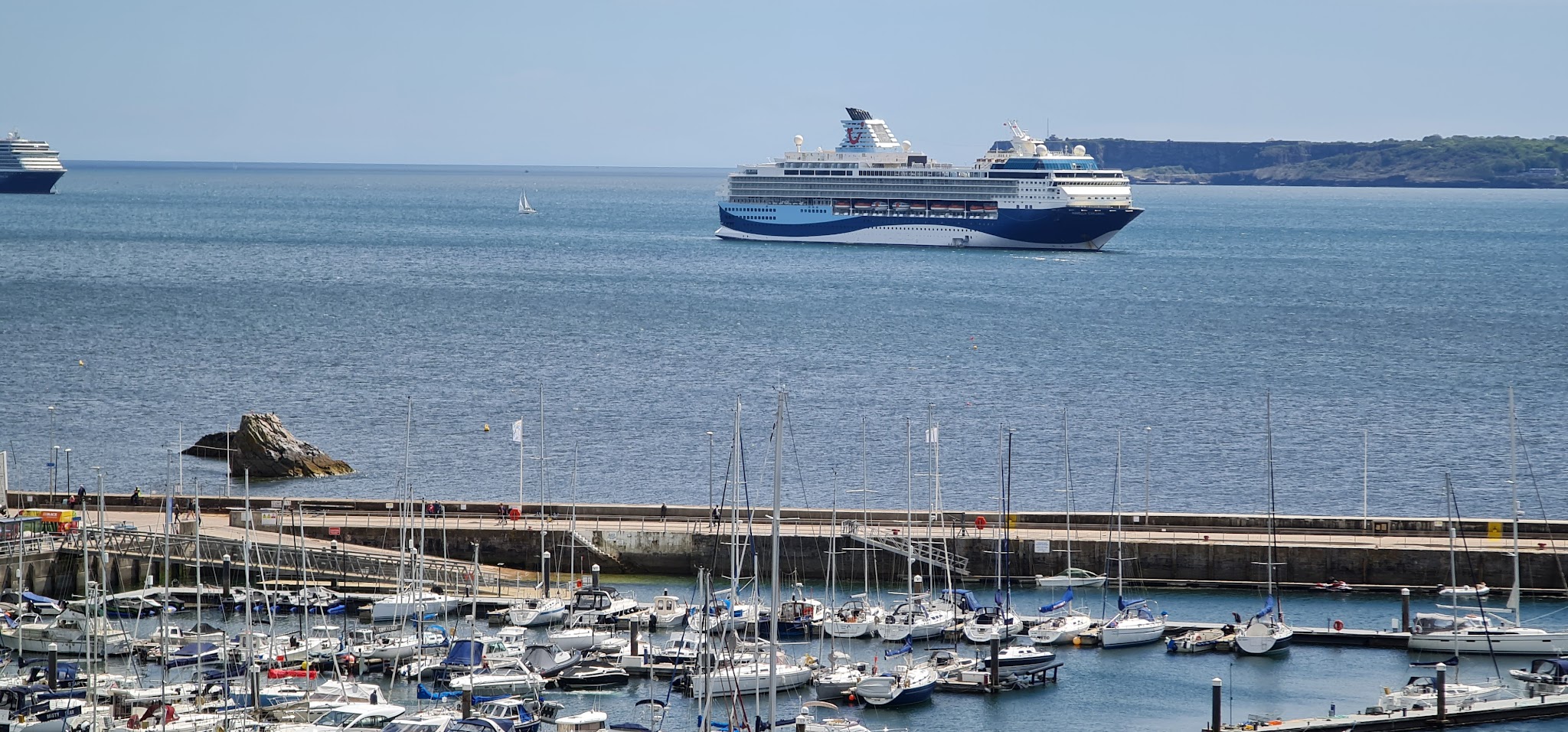 Großes Kreuzfahrtschiff fährt an Marina voller Segelboote vorbei; ruhige See, ferne Felsküste.